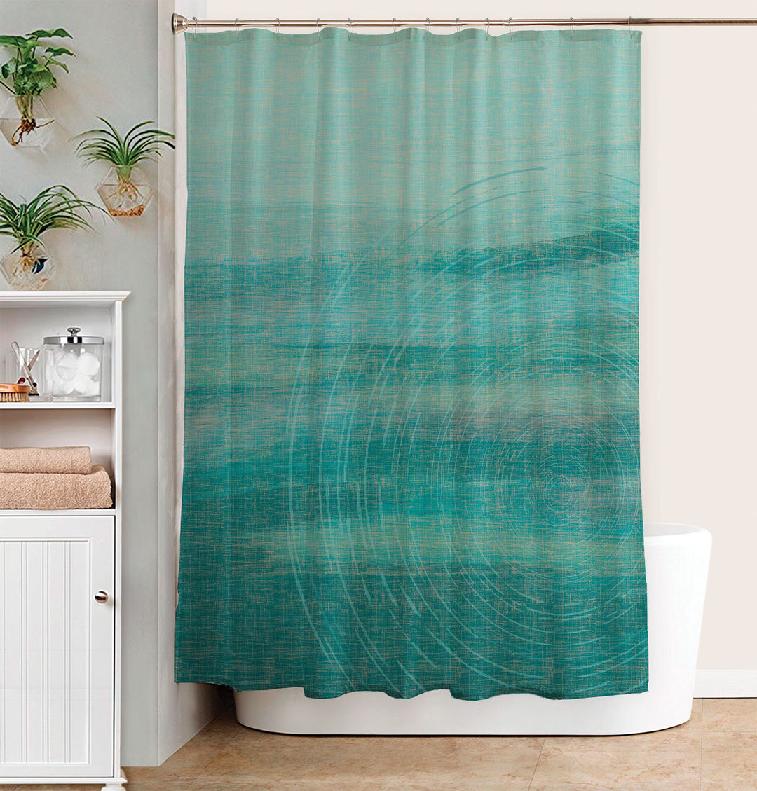 Kīlo Hōkū Shower Curtain Shown Hanging in a Bathroom Around a Floating Tub