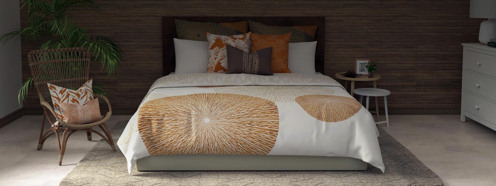 Coastal Home Decor Hawaiian Print Maluhia Duvet Cover On a King Size Bed With Decor Pillows and Euro Shams