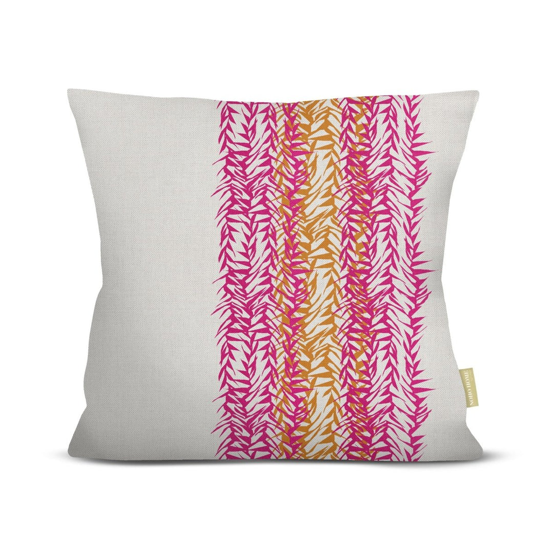 Decorative Kui Mahalo print pillow with pink and gold leaf pattern on a white background