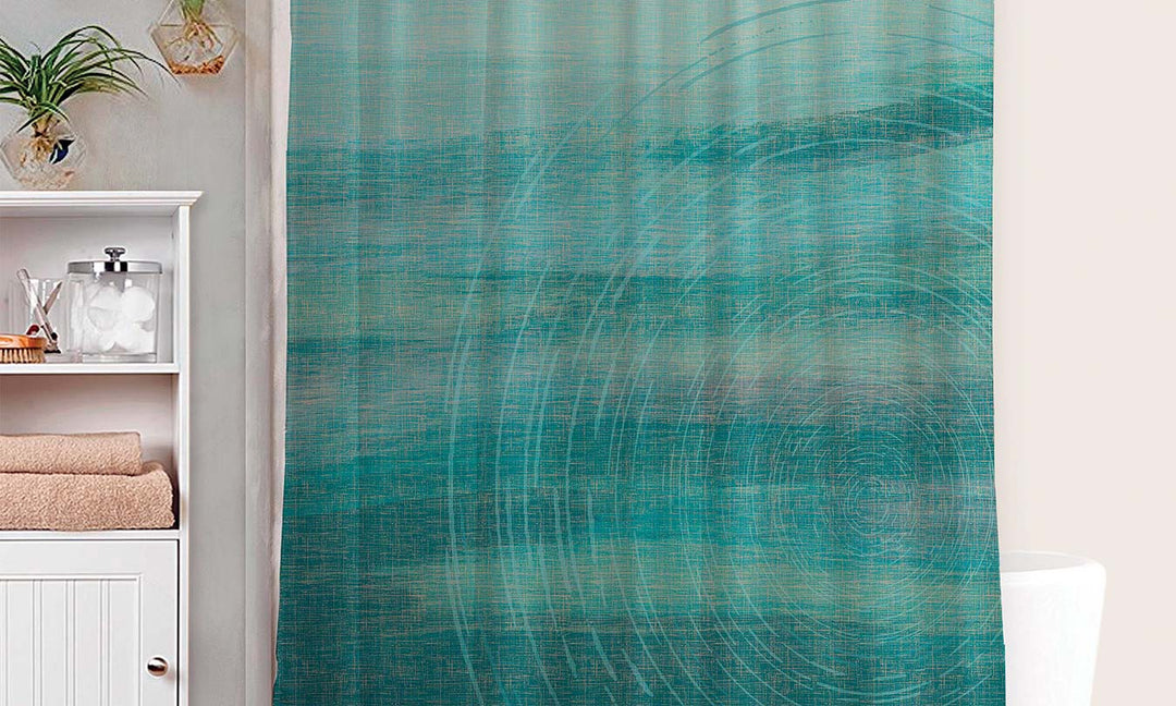Coastal Bathroom Decor Showing the Kilo Hōkū Shower Curtain Shower Curtain Hung Around a Tub in a Well Lighted Bathroom
