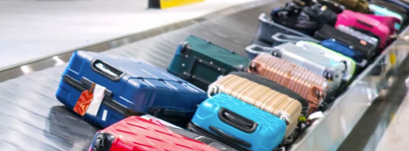 Hawaiian Luggage Tags With Bright Orange Color and Vibrant Motif On Blue Luggage On Carousel