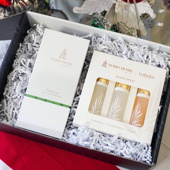 Gardenia gift set with diffuser and three room sprays in gift box