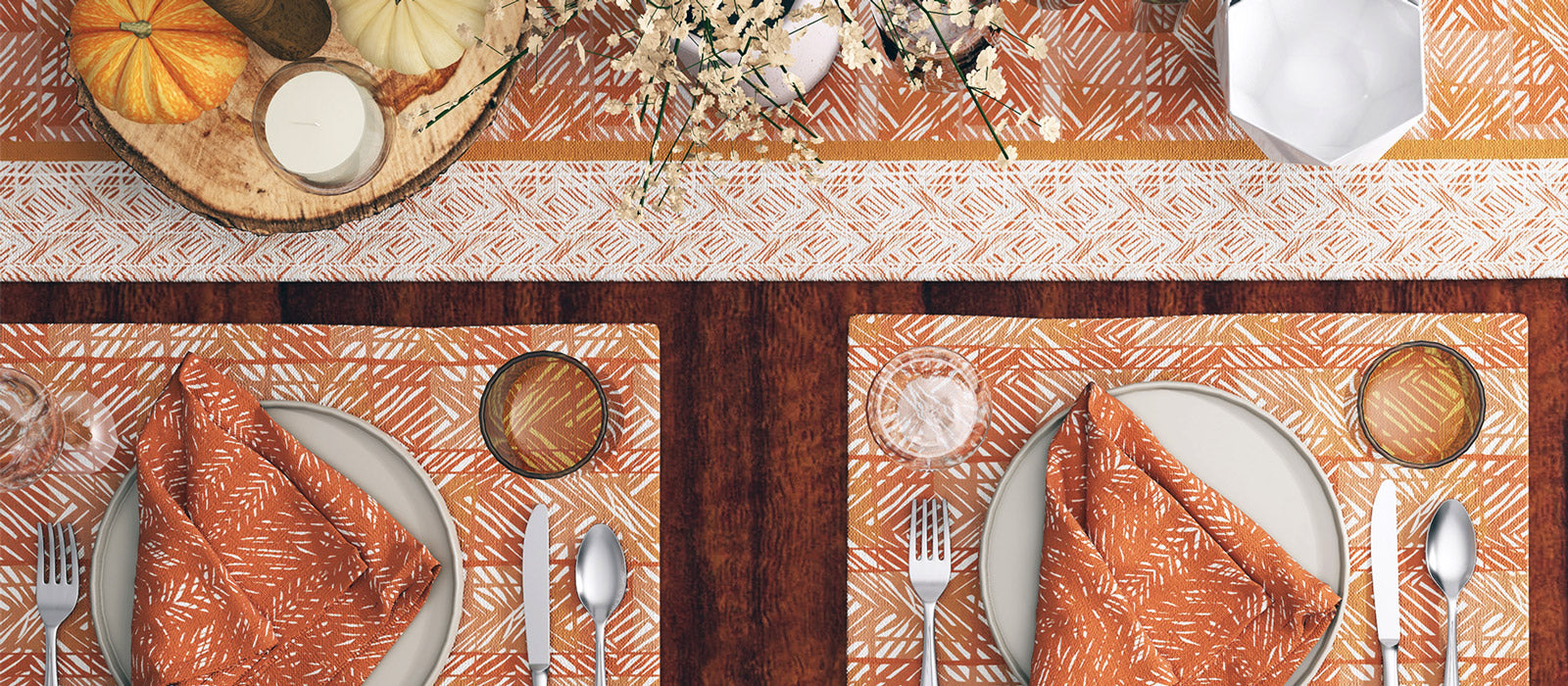 Two Orange and Brown Colored Hawaiian Placemats and Table Runner Shown n a Dining Table