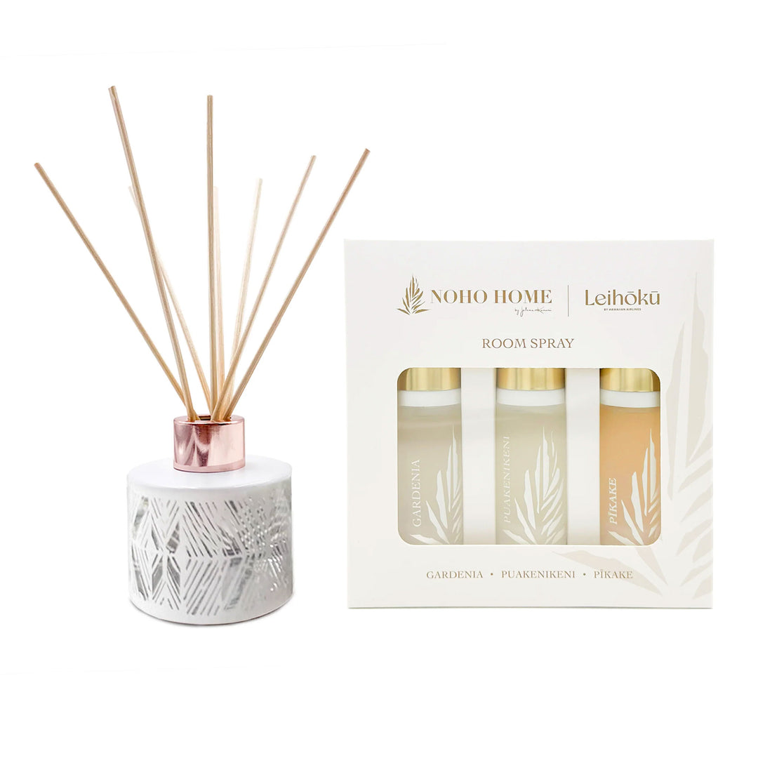 gardenia scented diffuser and a three-pack of room sprays on white background