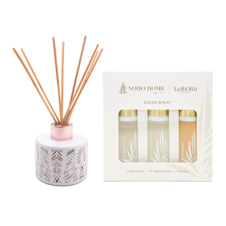 pikake scented diffuser and a three-pack of room sprays on white background