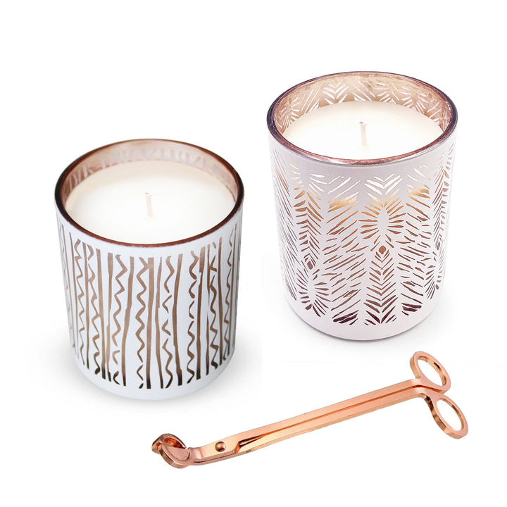 pikake and puakenikeni scented candle plus rose gold wick trimmer on white background