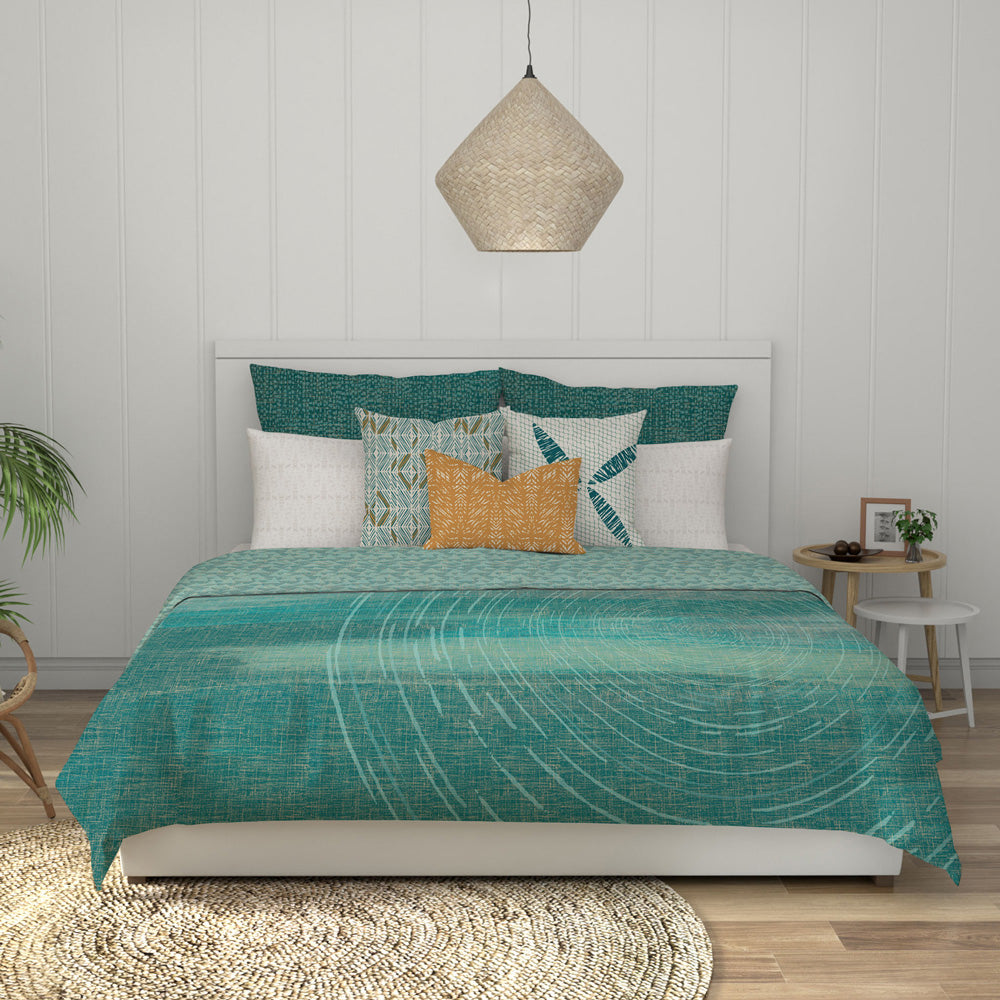 Bed set with navigation-inspired teal Kilo Hoku Duvet 