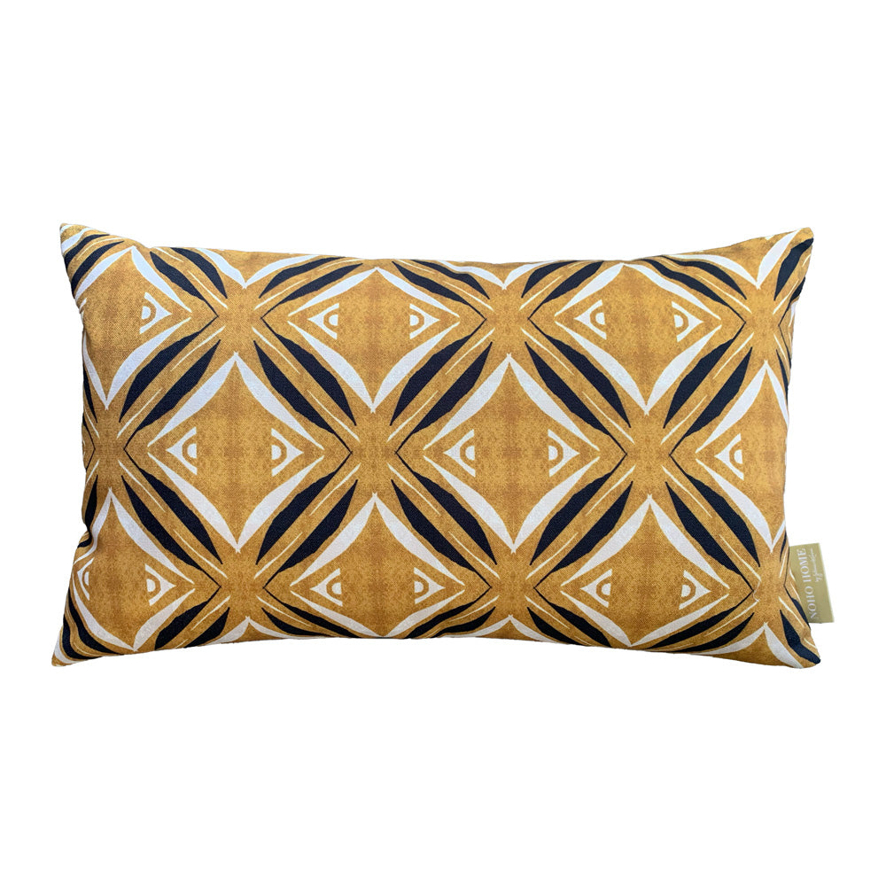 Gold and Black Pua Kuiki Lumbar Pillow Backside on a White Background
