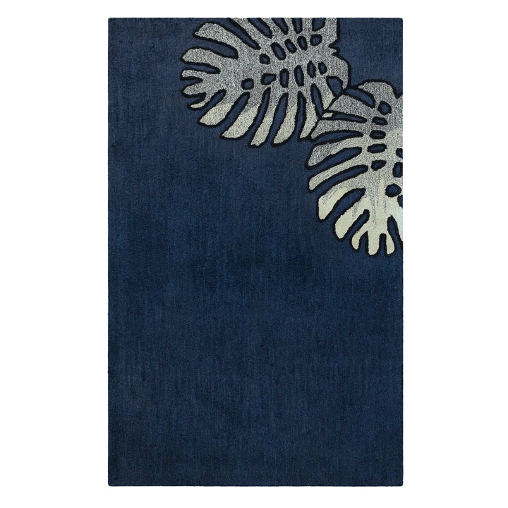 Monstera Area Rug Navy Hawaiian Print Full Frontal View On a White Background