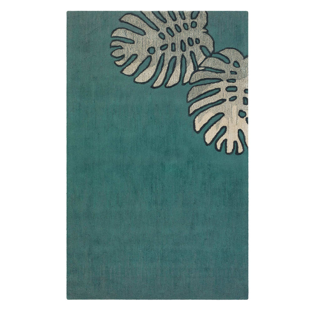 Hawaiian Print Monstera Area Rug in Teal Full Frontal View On a White Background