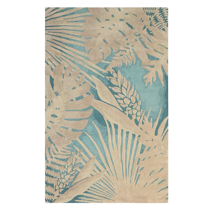 Blue Hawaiian Print Tropical Island Area Rug Full View On a White Background