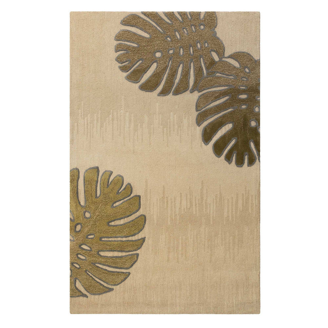 Taupe Hawaiian Monstera Area Rug Full Frontal View On a White Background