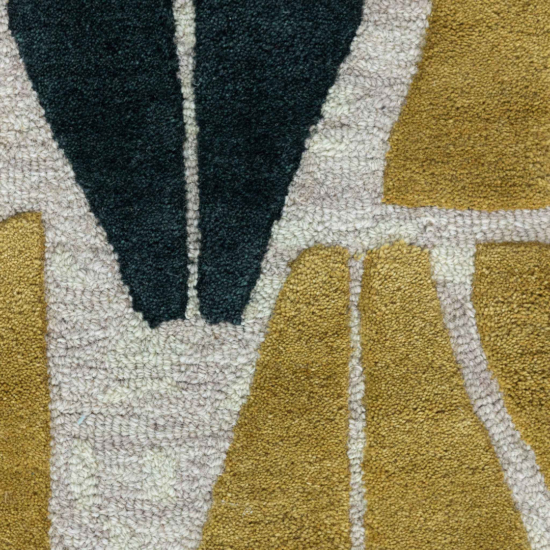 Close Up View of the Kinona Area Rug Hawaiian Print in Chartreuse Geometric Shapes