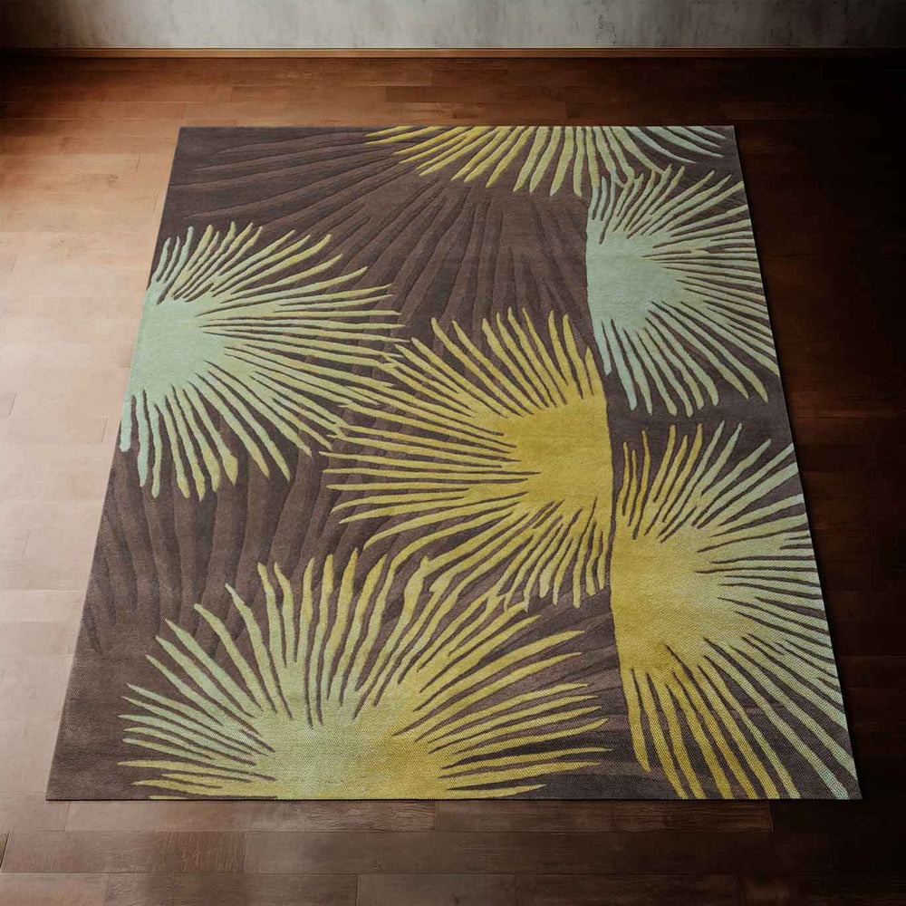 Vibrant Brown Loulu Area Rug Laying Flat on a Hardwood Floor