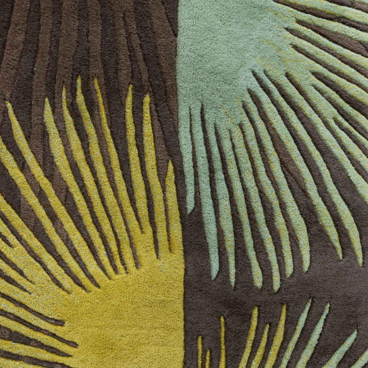 Close Up of the Brown Green and Yellow Loulu Area Rug Palm Fronds Hawaiian Print