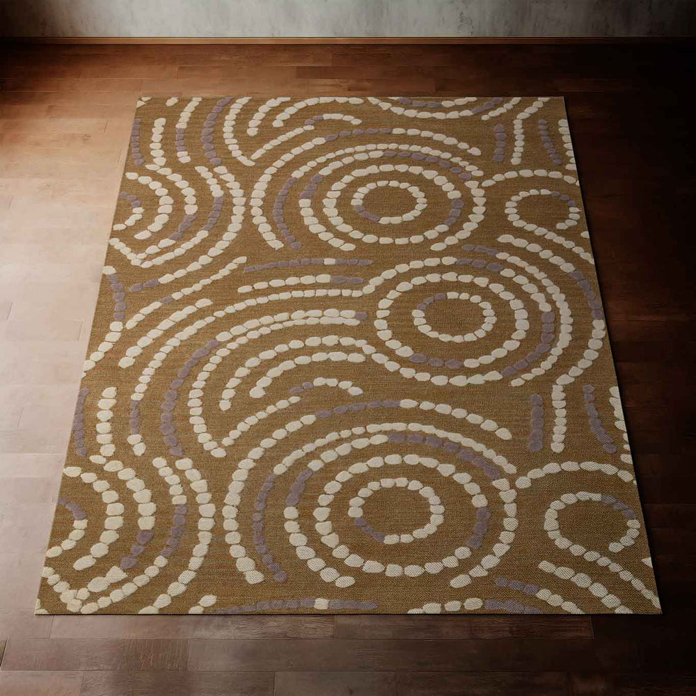 Tan Color Crown Flower Coastal Area Rug Laying on a Hardwood Floor