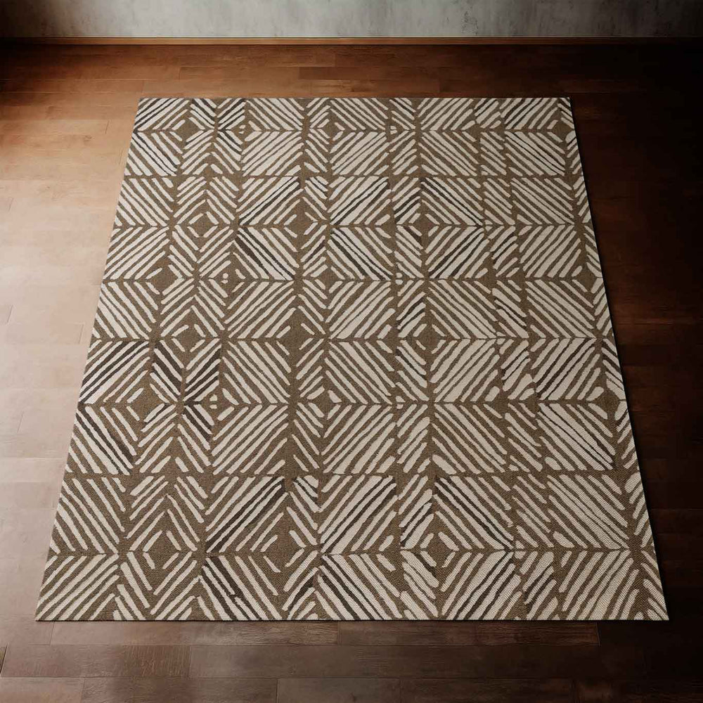 Stunning Tan and Brown Color ʻAkahi Coastal Area Rug on a Wooden Floor