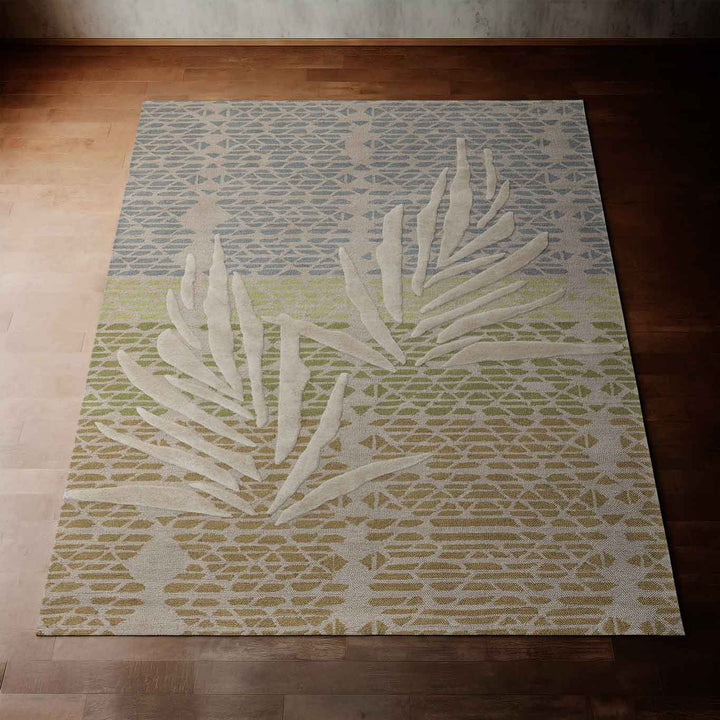 Taupe With Hints of Blue Kanu Coastal Hawaiian Area Rug On a Hardwood Floor