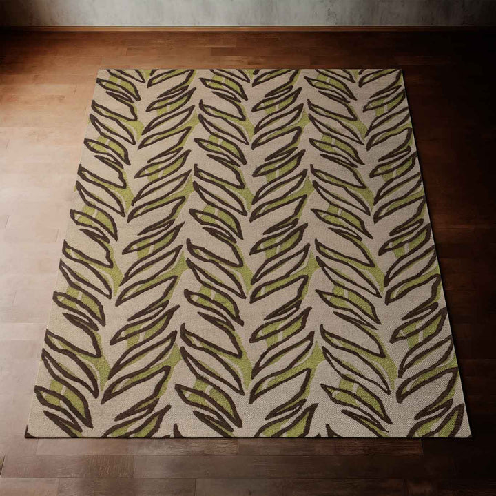 Green Color Hawaiian Print Kī Area Rug on a Hardwood Floor