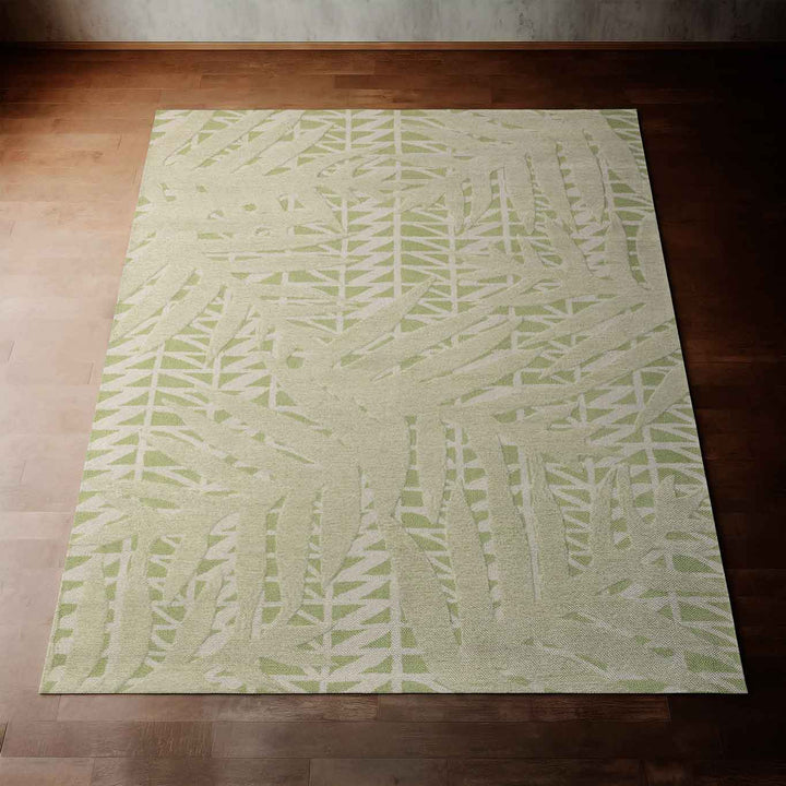 Stunning LIght Green Lauaʻe Area Rug Laying on a Hardwood Floor