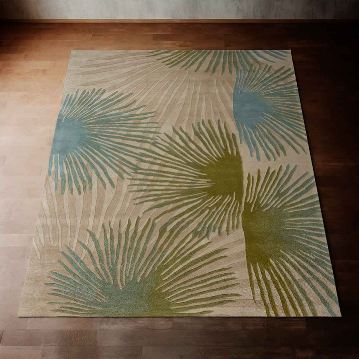 Stunning Teal Color Loulu Coastal Area Rug Flat on Hardwood Flooring