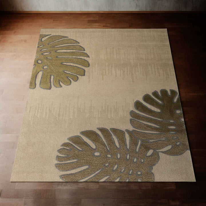 Stunning Taupe Monstera coastal Hawaiian Area Rug  Laying on a Hardwood Floor With Sunlight