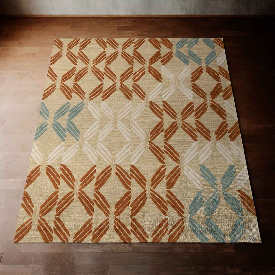 Multicolor Hawaiian Designed Peʻa Area Rug Laid Out Flat on Hardwood Flooring