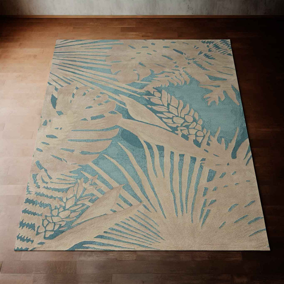 Stunning Blue Hawaiian Designed Tropical Island Coastal Area Rug on Hardwood Flooring