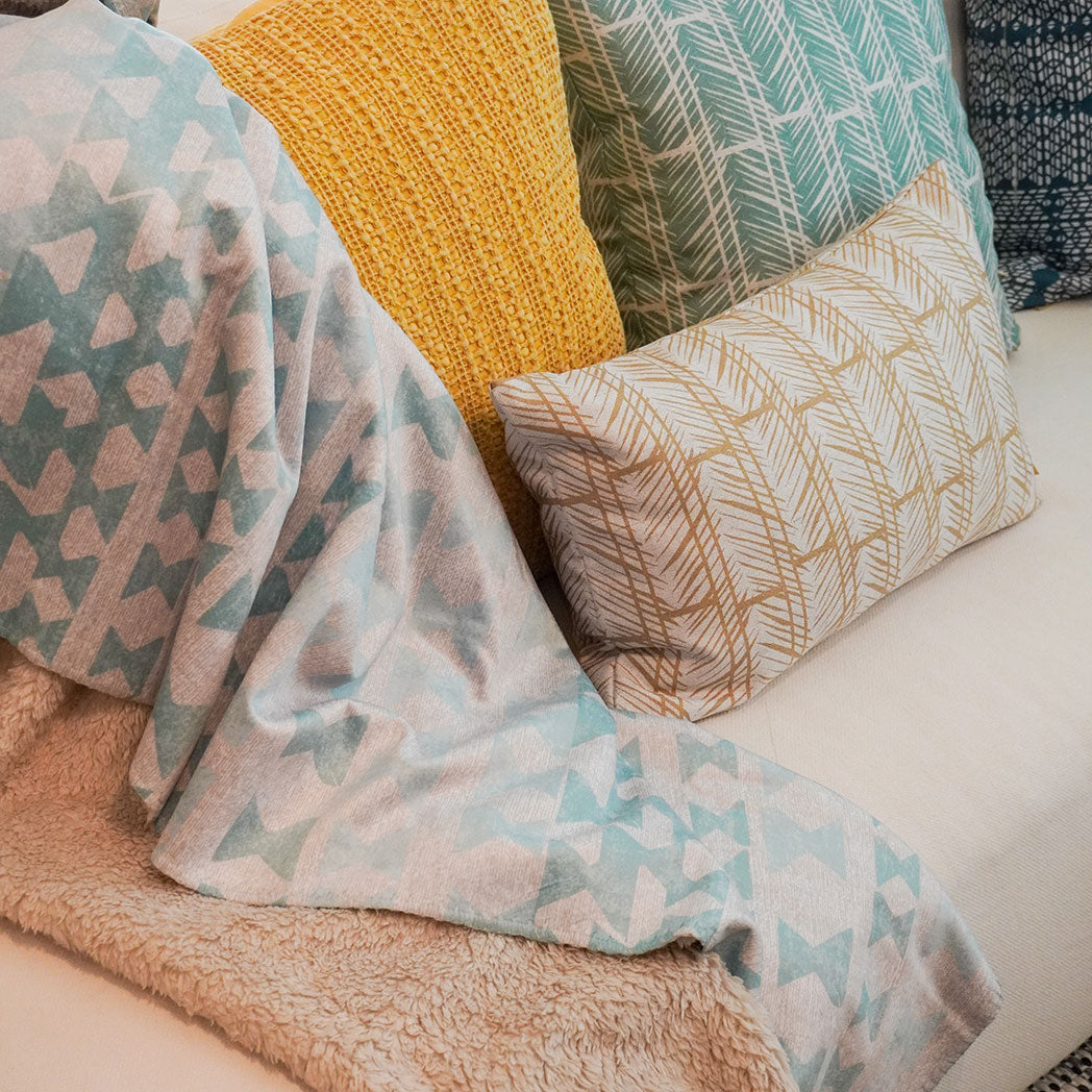 image of cozy throw next to pillows on couch