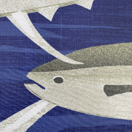 blue microfiber travel towel with ahi fish print close up