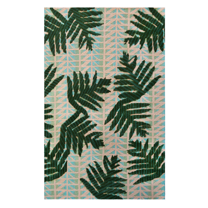 Kapa Lauae Area Rug Green on Aqua and Cream Hawaiian Print Full Frontal View On a White Background