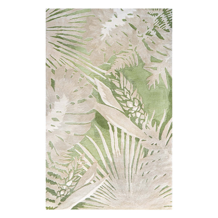 Tropical Island Area Rug Green Celery Color with Hawaiian Print Full Frontal View On a White Background