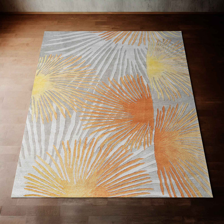 Loulu Area Rug Orange Yellow and Grey Color with Hawaiian Print Full in a room