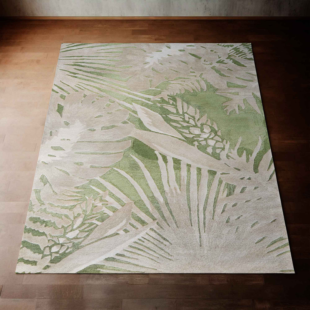 Tropical Island Area Rug Green Celery Color with Hawaiian Print Full view in room