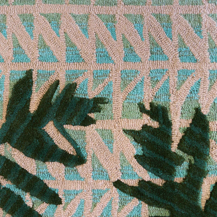 Close Up Kapa Lauae Area Rug Green on Aqua and Cream Hawaiian Print