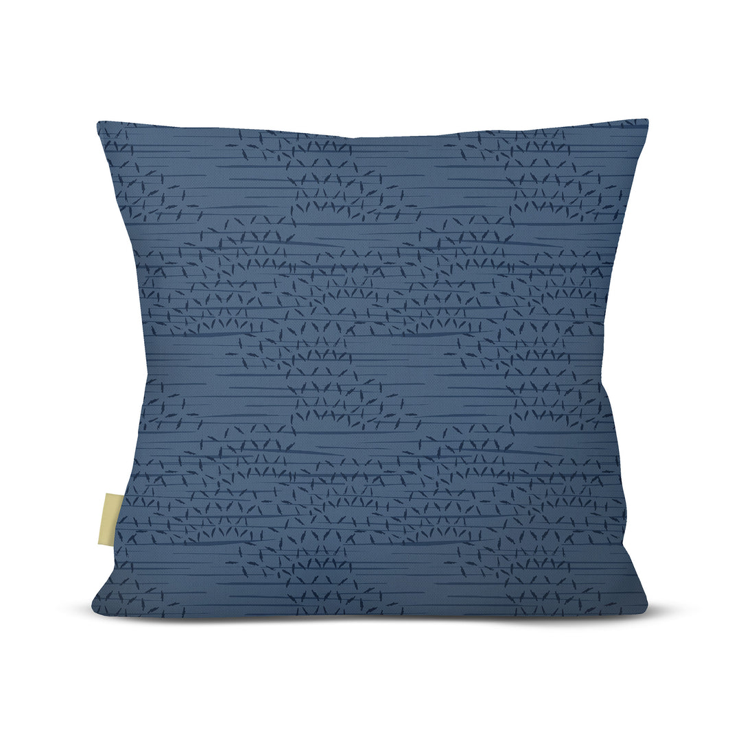 back view of Kaha square pillow in blue on white background