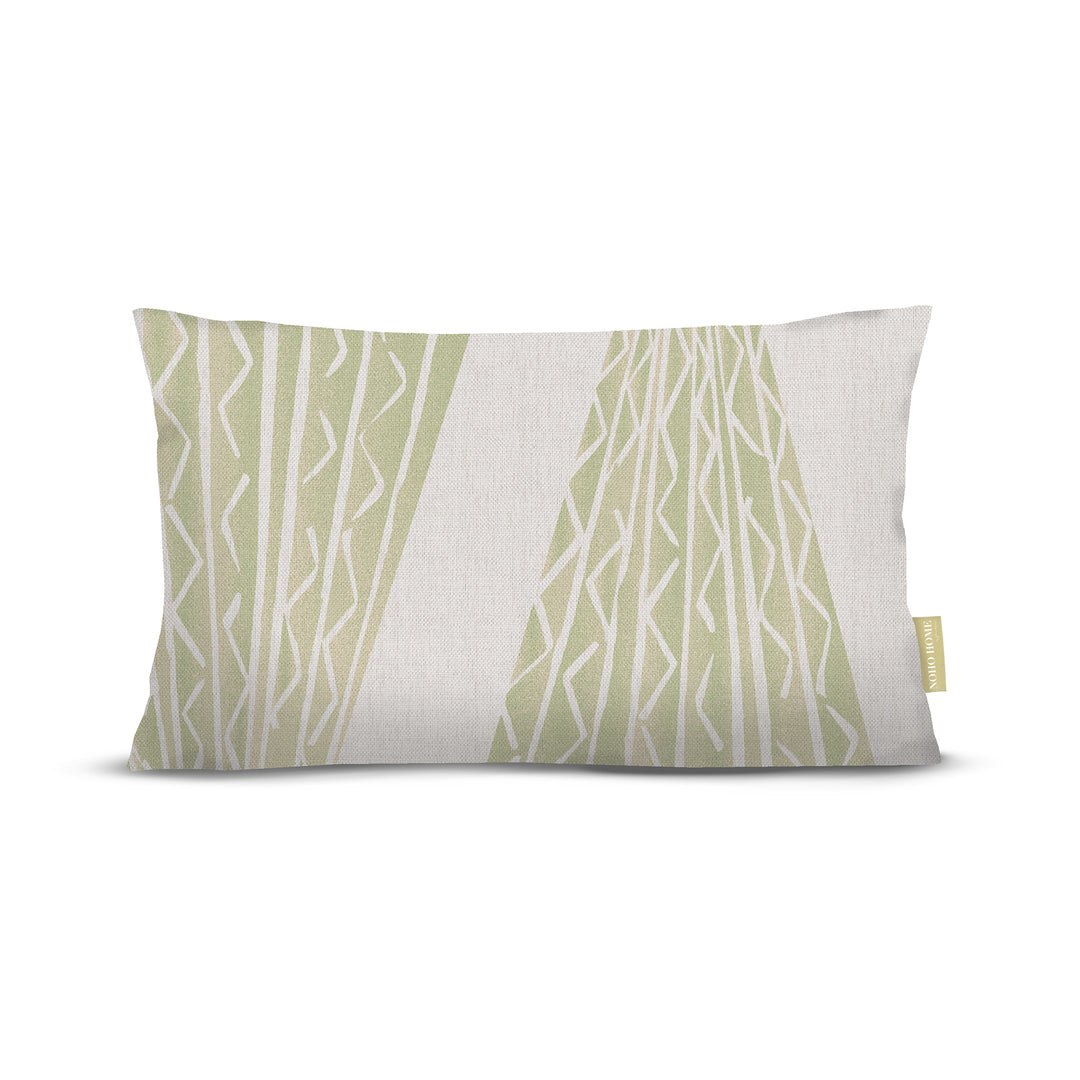 front view of Niho Kila lumbar pillow in sage on white background