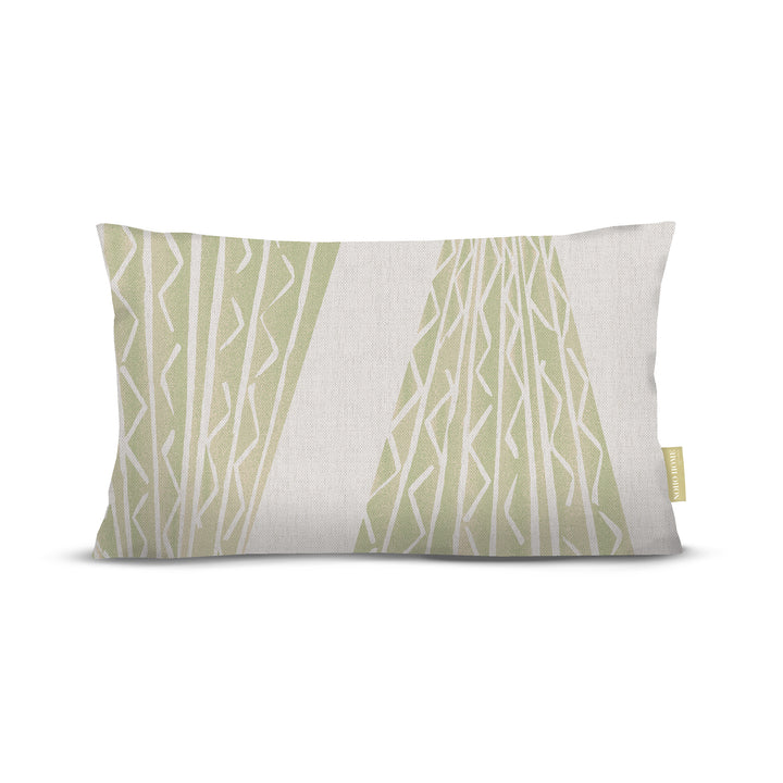 front view of Niho Kila lumbar pillow in sage on white background
