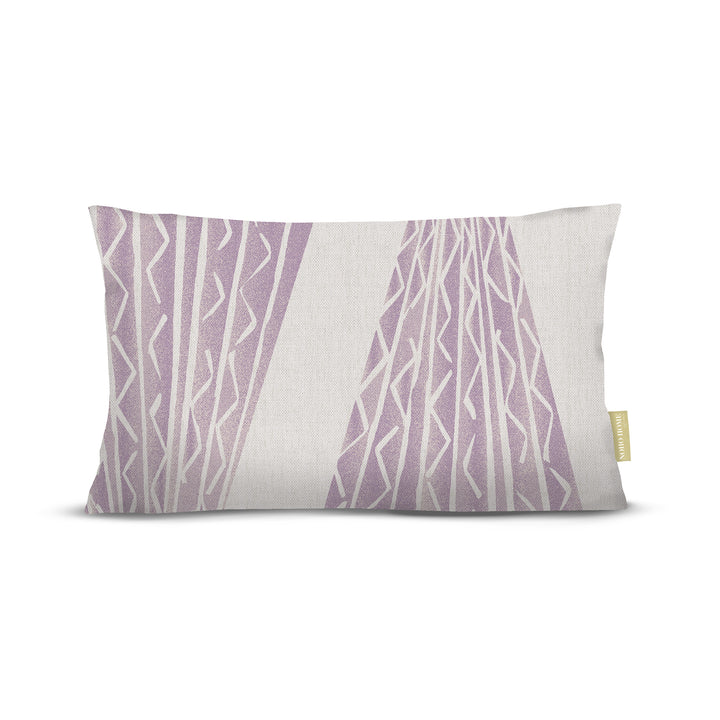 front view of Niho Kila lumbar pillow in lavender on white background