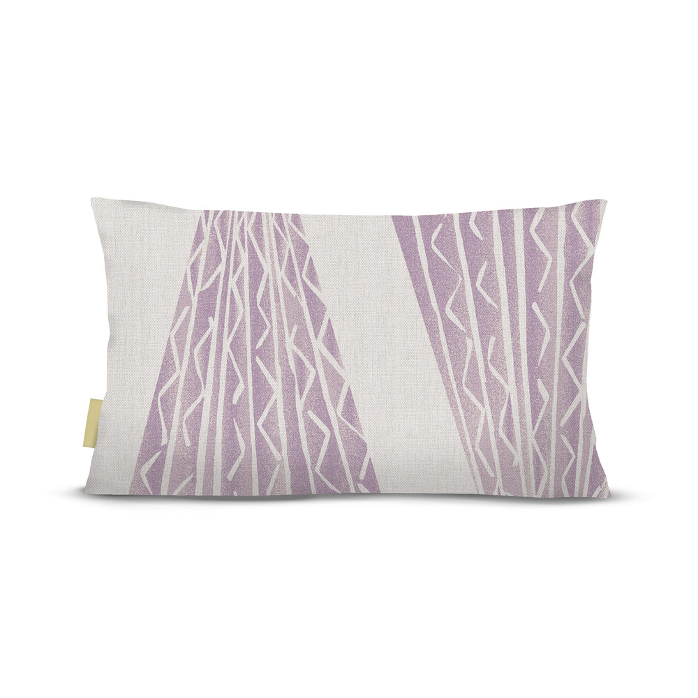back view of Niho Kila lumbar pillow in lavender on white background
