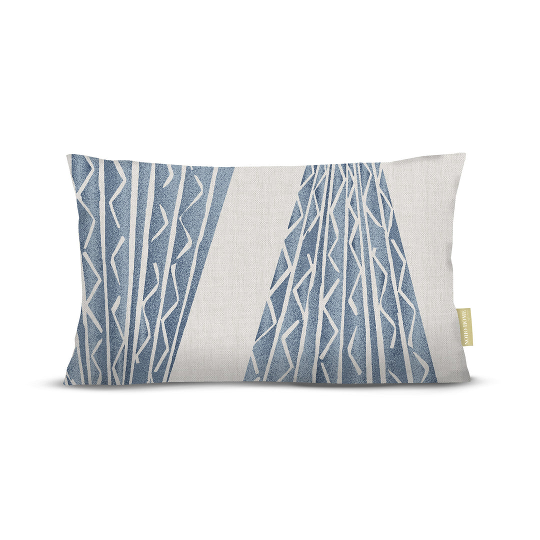 front view of Niho Kila lumbar pillow in blue on white background