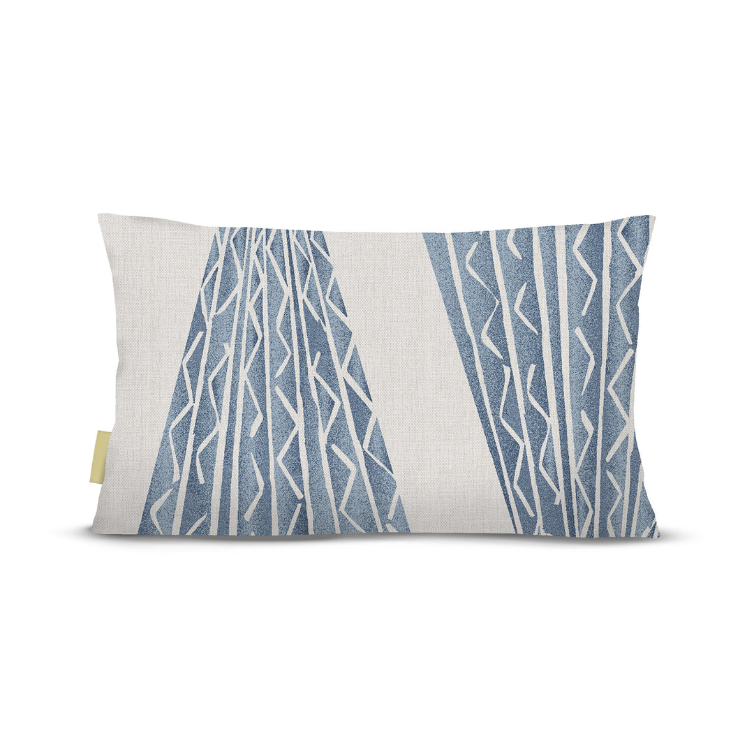 back view of Niho Kila lumbar pillow in blue on white background