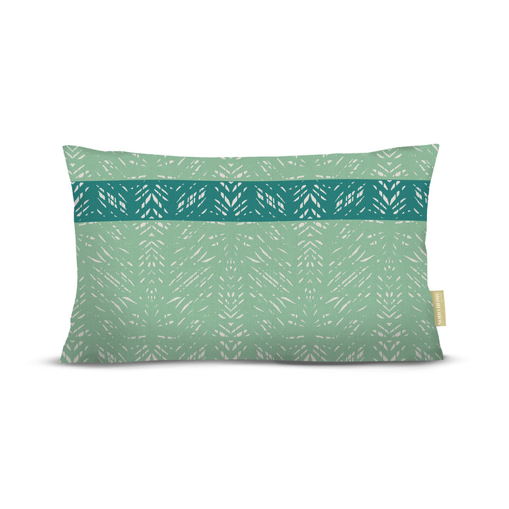 back view of Batik lumbar pillow in sage and ocean on white background