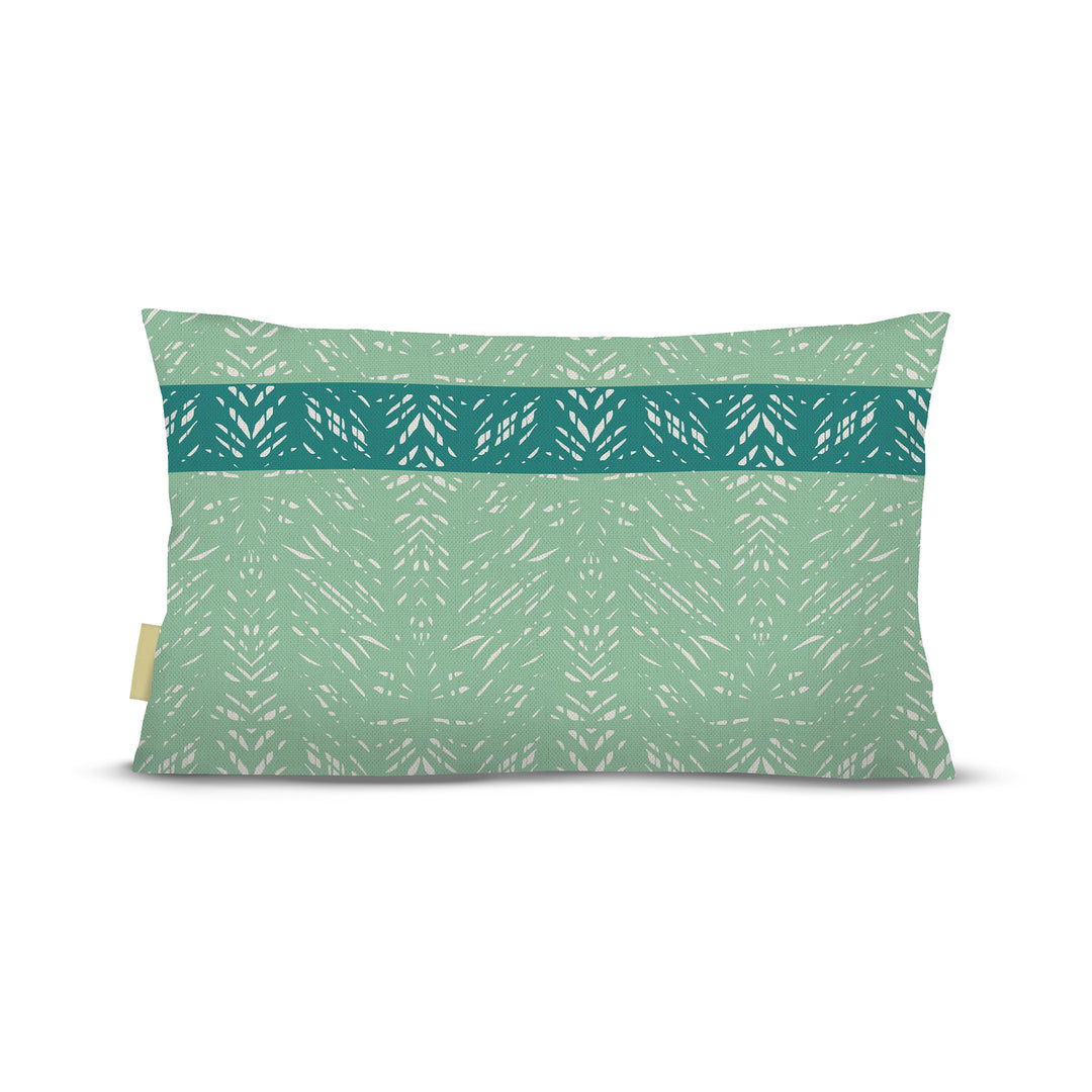 back view of Batik lumbar pillow in sage and ocean on white background