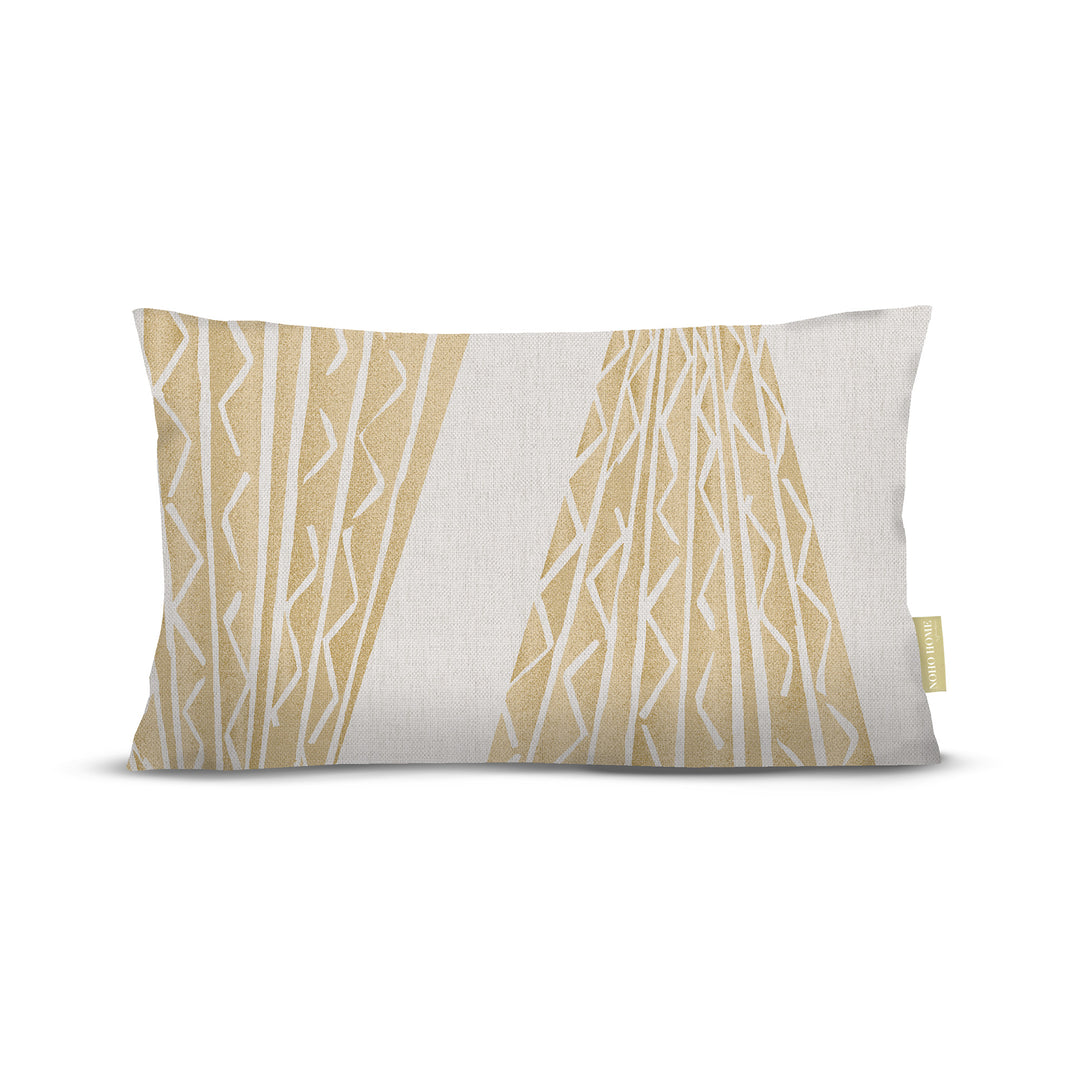front view of Niho Kila lumbar pillow in tan on white background
