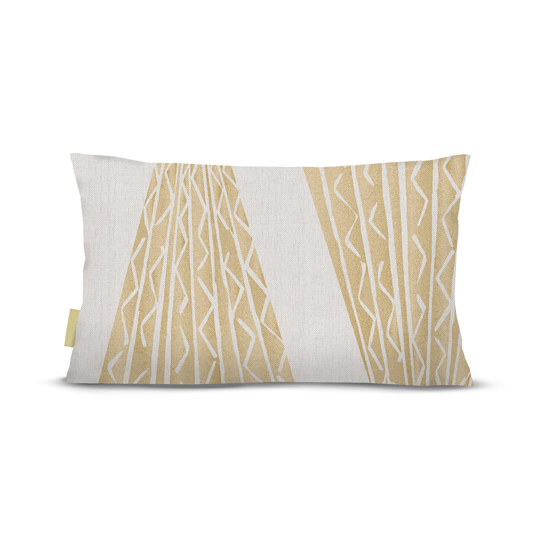 back view of Niho Kila lumbar pillow in tan on white background