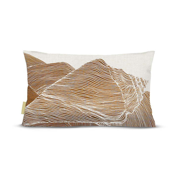 Decorative white background pillow with line art of brown shell.