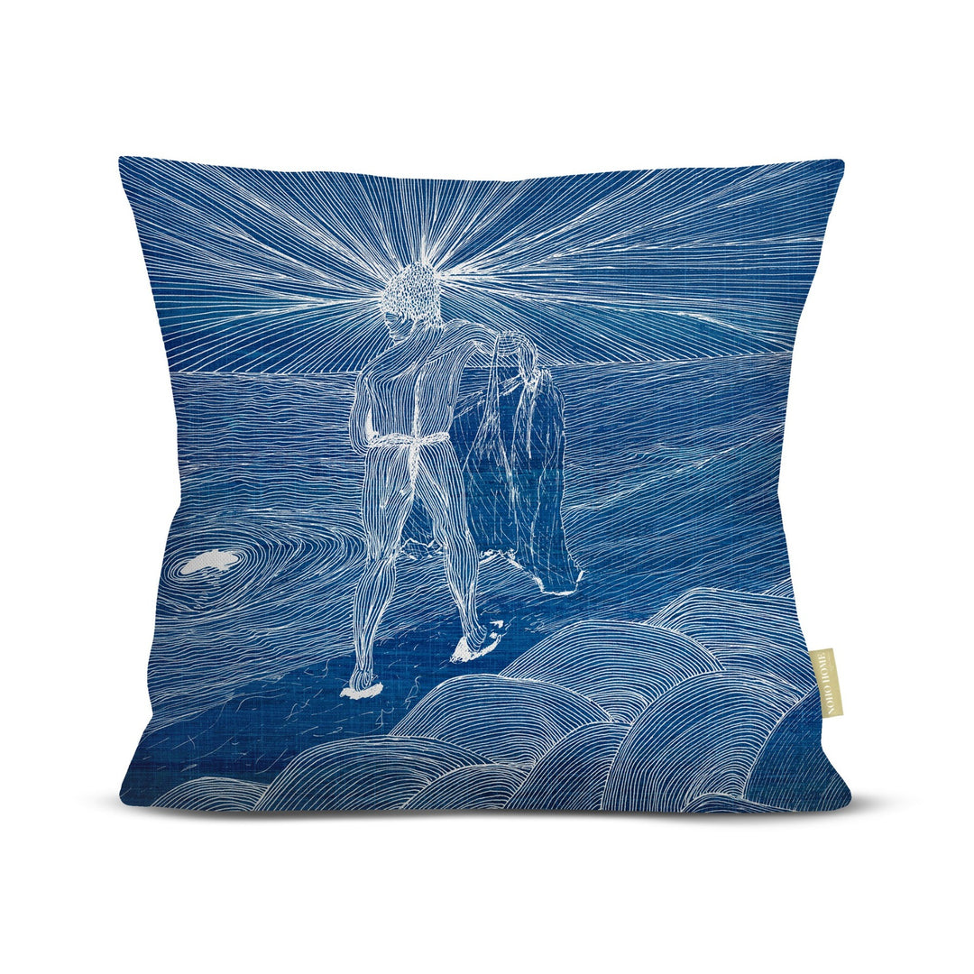 Decorative pillow with abstract line art design of a fisherman on Molokaʻi with a blue background