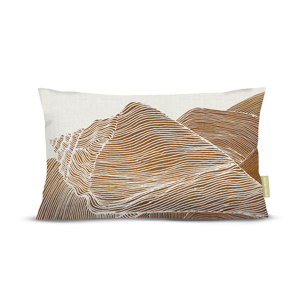 Decorative white background pillow with line art of brown shell.