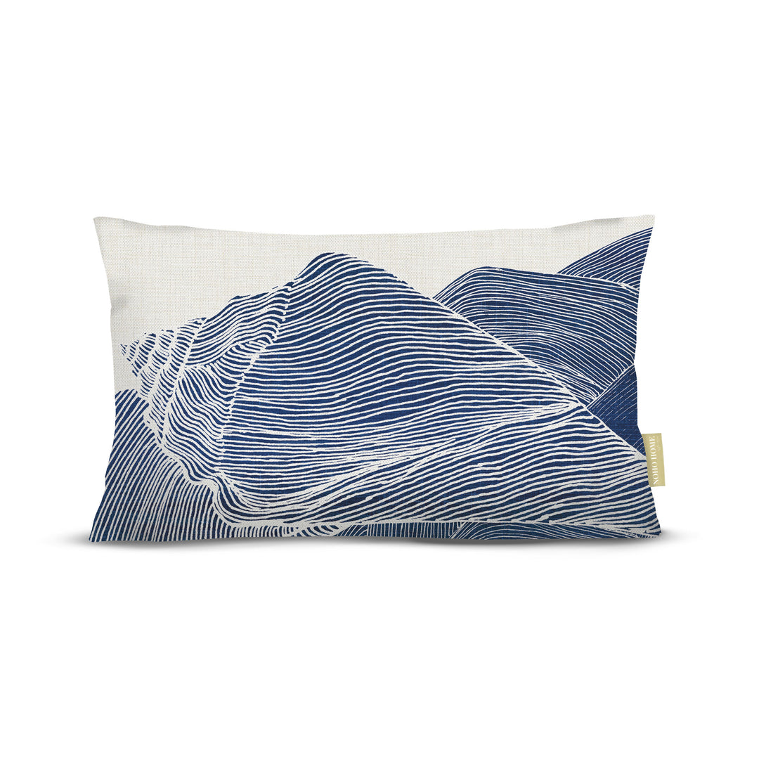 Decorative white background pillow with line art of blue shell.